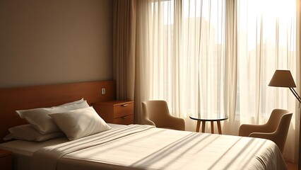 A serene hotel bedroom bathed in morning sunlight, featuring a neatly made bed and sheer curtains.