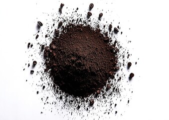 Coffee grounds scattered on white background