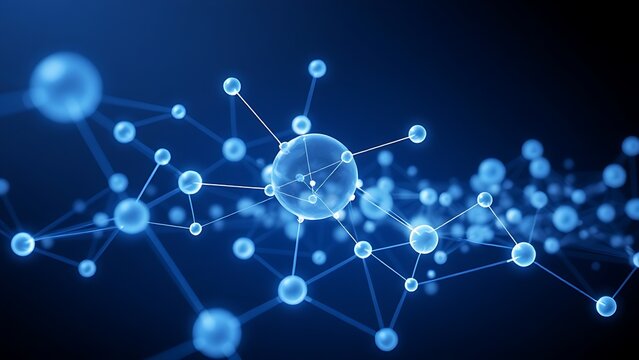 Abstract blue and white interconnected spheres with glowing nodes, symbolizing a digital network on a dark background.