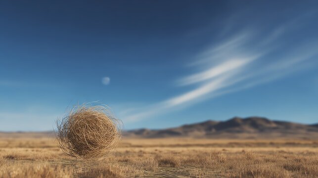 A tumbleweed rolls across a vast desert landscape under a bright blue sky with distant mountains.