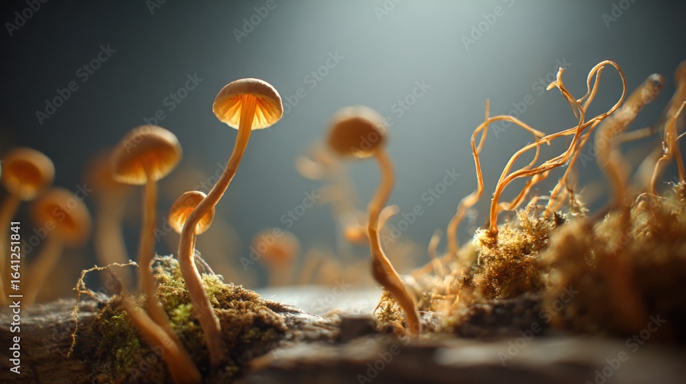 Poster enchanting mushroom cluster in dark forest setting with soft light and textured moss