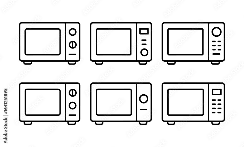 Poster set of minimalist microwave icons in linear style with various control panels