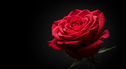 Fototapeta premium Close up of a vibrant red rose with water droplets against black background.