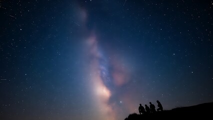 A dreamy night sky where constellations fade into sparkling meteor trails above silhouetted figures.
