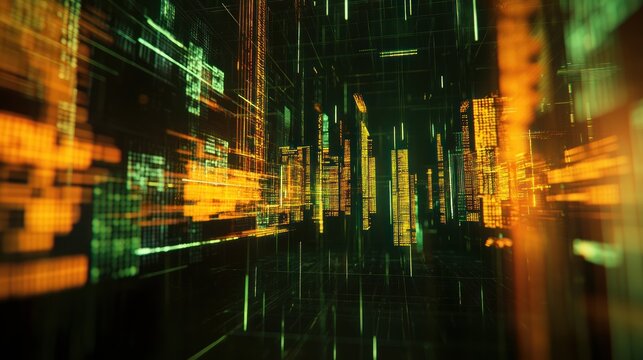 Futuristic digital city tunnel, data streams, glowing lines, city scape