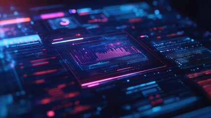 Futuristic digital interface with data visualization and graphs displayed on interactive screens