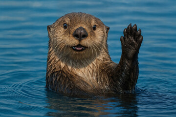 An Otter pose to say hello or goodbye with hands up its one hand and smiling.
