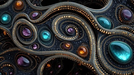 abstract jewelry-inspired surface with metallic thread and glowing gems