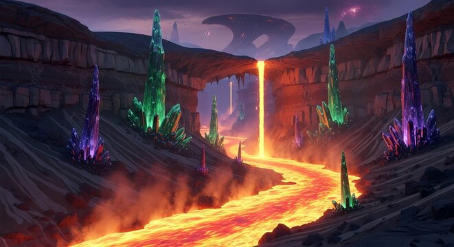 Fantasy canyon with glowing crystals and lava river - Powered by Adobe