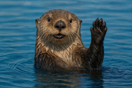 An Otter pose to say hello or goodbye with hands up its one hand and smiling.