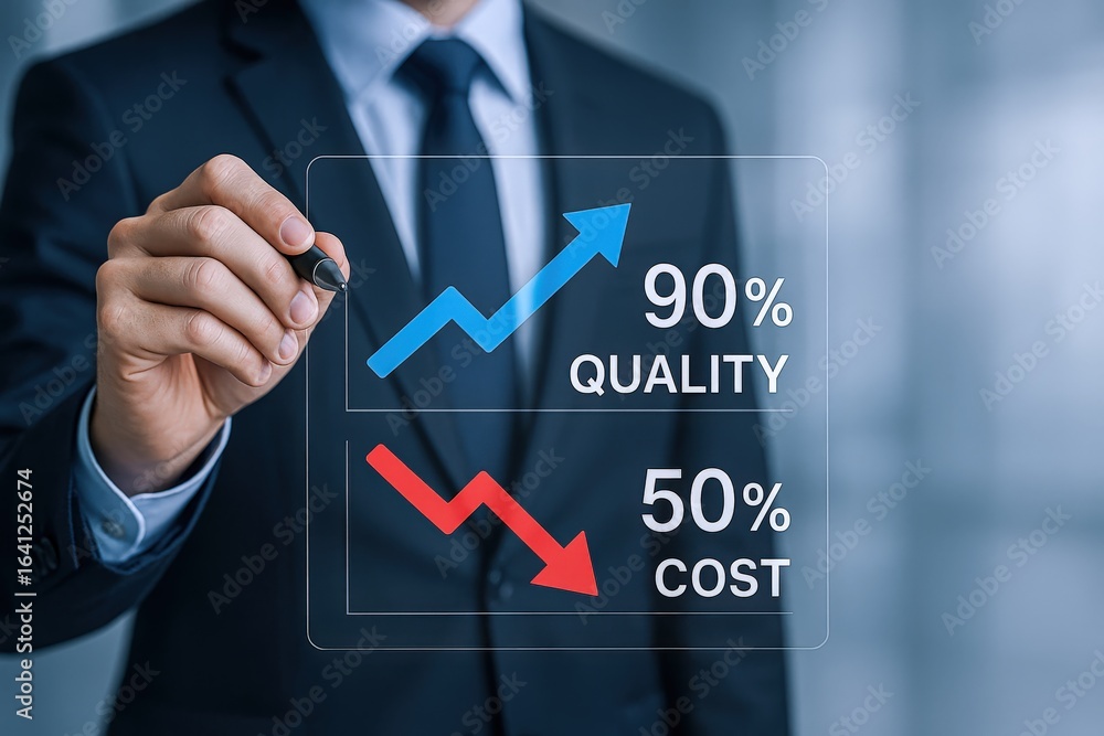 Poster businessman demonstrates improved quality and reduced costs with upward and downward arrows on a vir