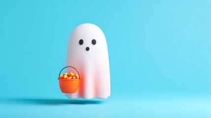 A cute ghost holds a candy-filled bucket against a bright blue background.