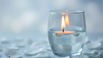 Candle flame reflected in water with floating petals against a soft blue bokeh background.