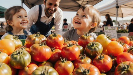 Fototapeta premium A little girl looks up at a smiling farmer and his display of heirloom tomatoes.