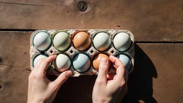 A farmer arranges a dozen heirloom eggs of different colors in a carton.