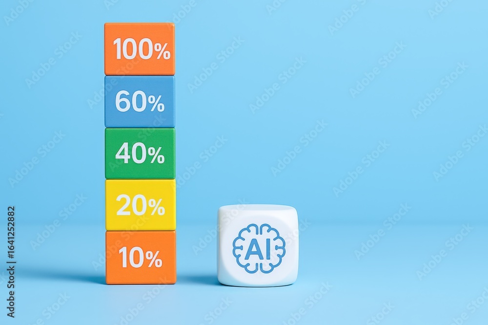 Poster stacked percentage blocks and ai cube illustrating data growth and technological advancement on blue