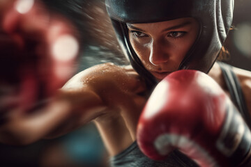 Focused female boxer wearing headgear and red gloves delivering a powerful punch in the gym