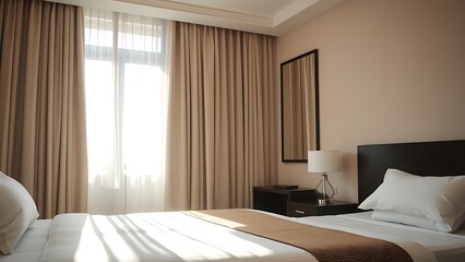 Hotel bedroom with neatly made bed and sunlight filtering through sheer curtains.
