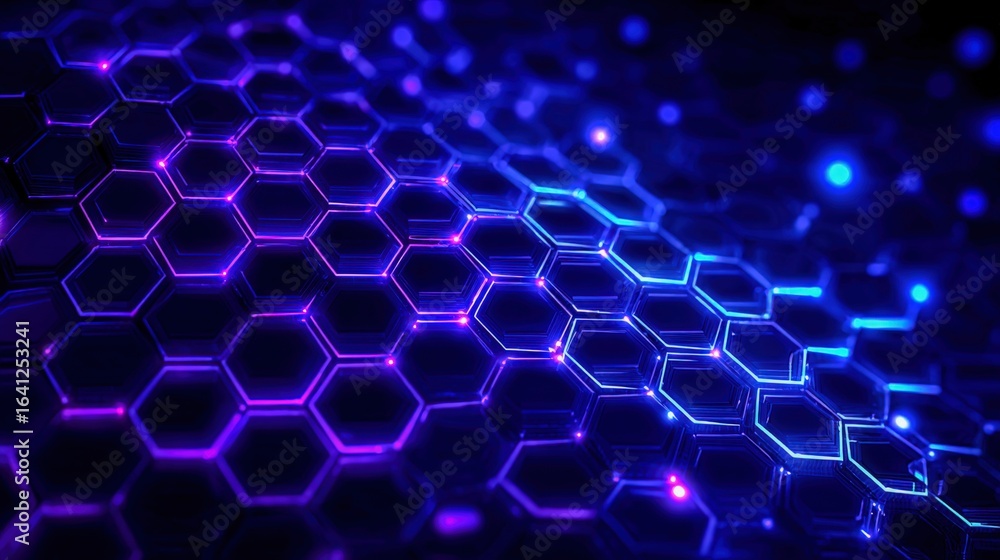 Poster abstract hexagonal grid with glowing edges: modern technology background in blue and purple