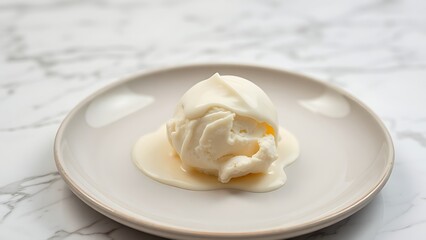 A single scoop of vanilla ice cream on a ceramic plate, showcasing creamy texture with subtle drips against a minimalist marble background.
