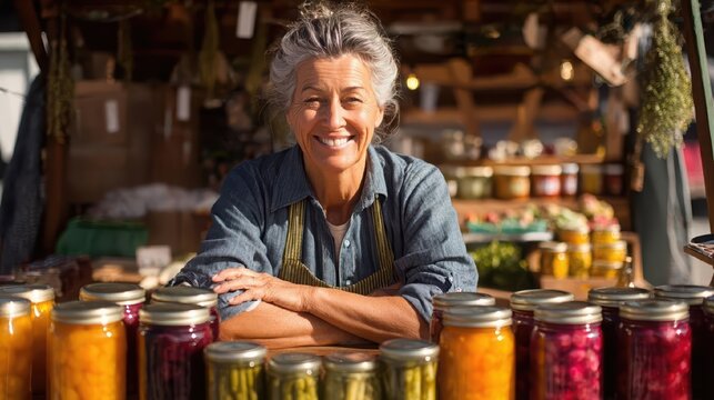 A happy senior woman sells her colorful homemade preserves at a farmer's market.