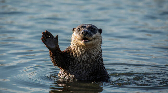 An Otter pose to say hello or goodbye with hands up its one hand and smiling.