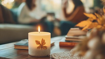 Candle with autumn leaf imprint, cozy home background with people - Powered by Adobe