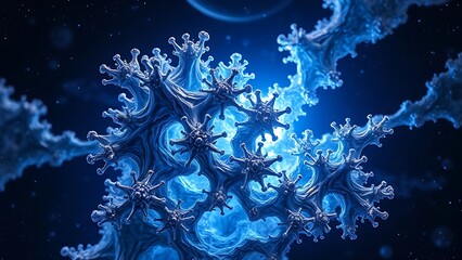 Metallic alloy fractals grow crystalline structures emitting blue energy waves in deep space.