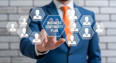 Businessman touches screen activating business continuity plan, securing team network and operational resilience for future challenges