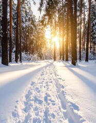 Obraz premium 제목: A Winter Path into the Pale Light설명: An immersive vertical shot following a path into the peaceful, pale-lit heart of the forest in the late afternoon.