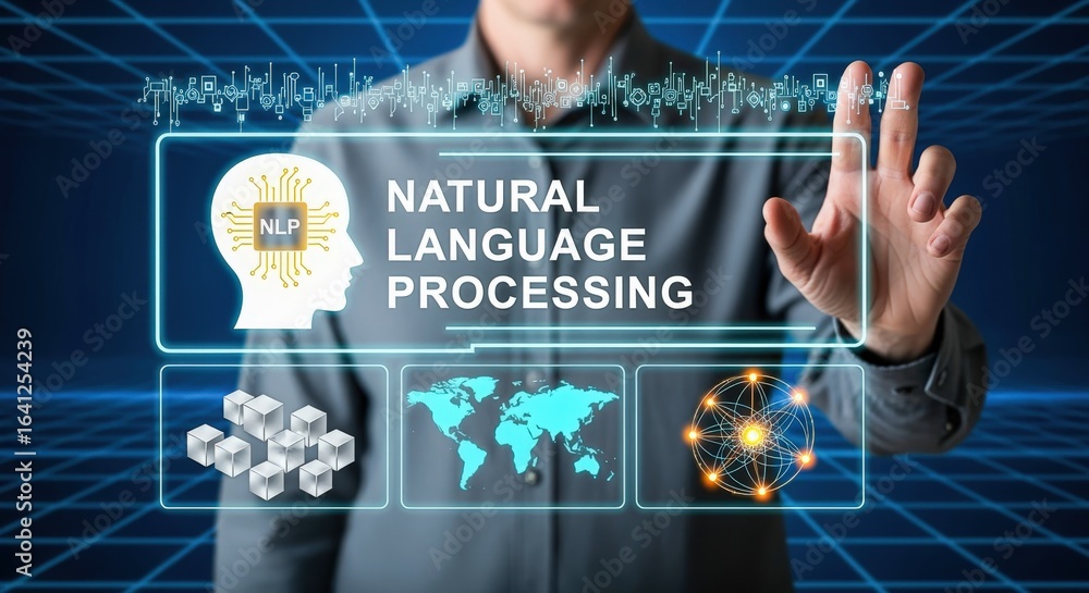 Poster nlp futuristic touchscreen interface: natural language processing concept with human interaction on 