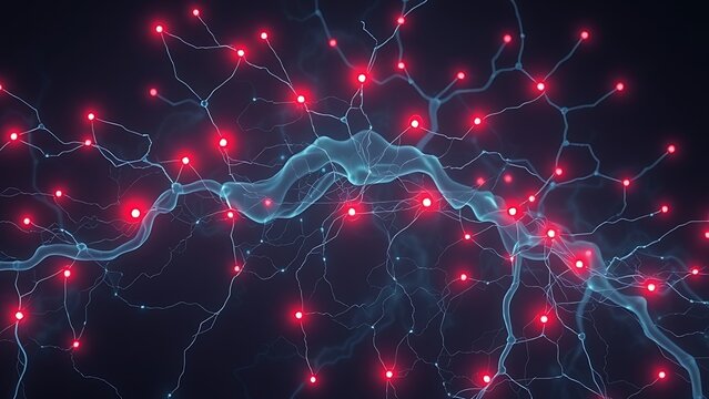 A ghostly neural network with pulsing red warning lights, hinting at future disruptions in connectivity.