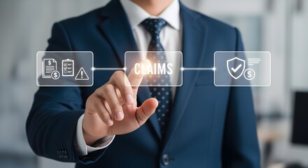 Professional businessman expertly manages financial claims and risk assessment, ensuring secure business operations and customer satisfaction with digital interface.