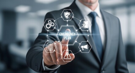 Proactive businessman strategizing with digital emergency plan infographics, ensuring business continuity and crisis management readiness.