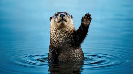 An Otter pose to say hello or goodbye with hands up its one hand and smiling.