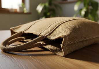 Closeup of a natural jute shopping bag on a wooden table