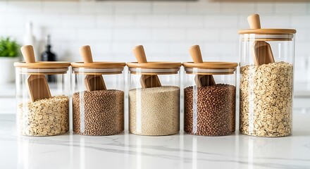 Kitchen pantry organization with glass jars of oats and grains