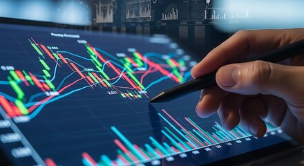 Hand pointing at stock market trading chart on digital screen