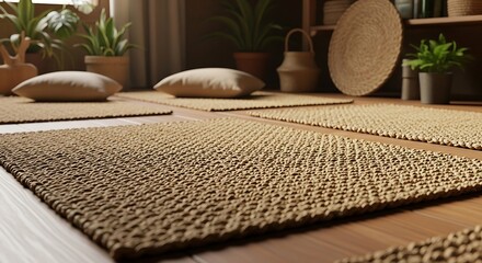 Woven jute rugs on wooden floor in a cozy living room