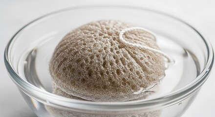Round loofah sponge soaking in clear water