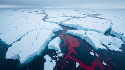 Antarctic ice shelf fracturing into geometric blue shards against warming red ocean currents.