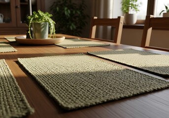 Wooden dining table with placemats and chairs in natural light