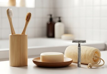 Bathroom hygiene items soap, razor, toothbrushes, and loofah
