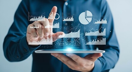 Man interacting with data analytics and charts on a digital interface