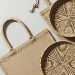 Jute tote bag with woven round plates or coasters
