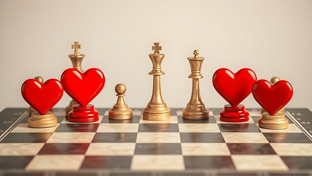 Symbolic chessboard with heart-shaped pieces at varied positions, depicting romantic timing dynamics.