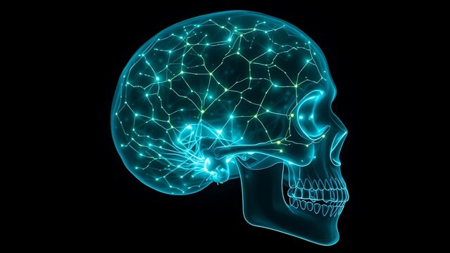 Bioluminescent neural networks pulsing inside a translucent human skull in darkness.