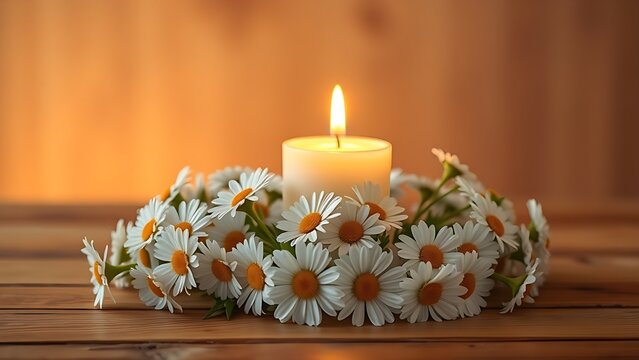 Glowing candle surrounded by white daisies, evoking tranquility and reflection.