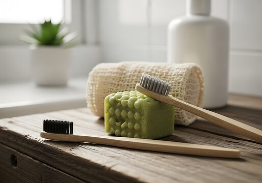 Bamboo toothbrushes and green soap bar with dispenser