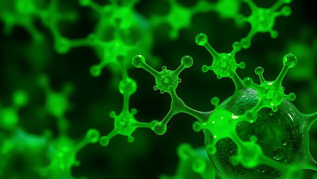 Microscopic view of green tea molecules activating cellular cleanup of neural debris, health-focused imagery.